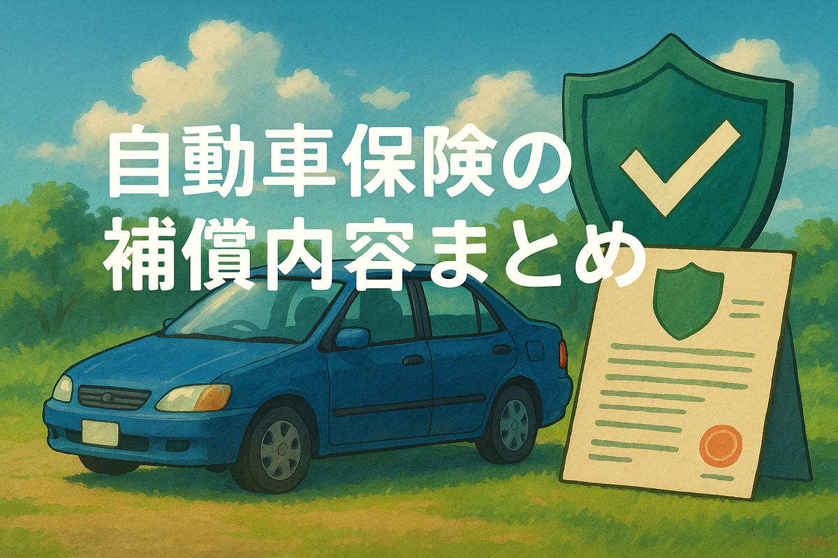 自動車保険の補償内容を解説する記事のアイキャッチ画像。車と保険のイメージを組み合わせたデザイン